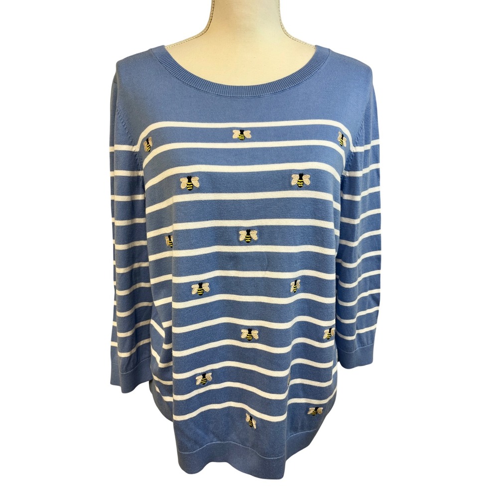 TALBOTS Plus Striped Bee Sweater Sz 1X Blue Cottage Preppy Coastal Whimsy Casual